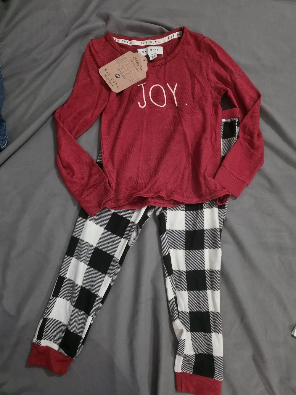 Rae Dunn Red 'JOY' Pajama Set with Black & White Buffalo Plaid Pants
